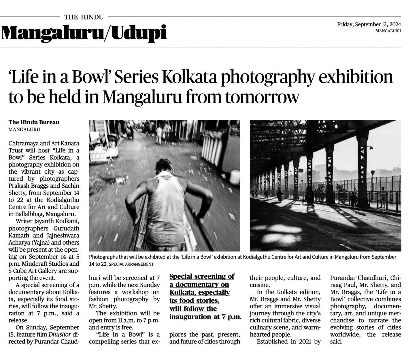 The Hindu, Mangaluru edition, 13 September 2024: 'Life in a Bowl' Series Kolkata photography exhibition to be held in Mangaluru from tomorrow, with two black and white photographs of Kolkata
