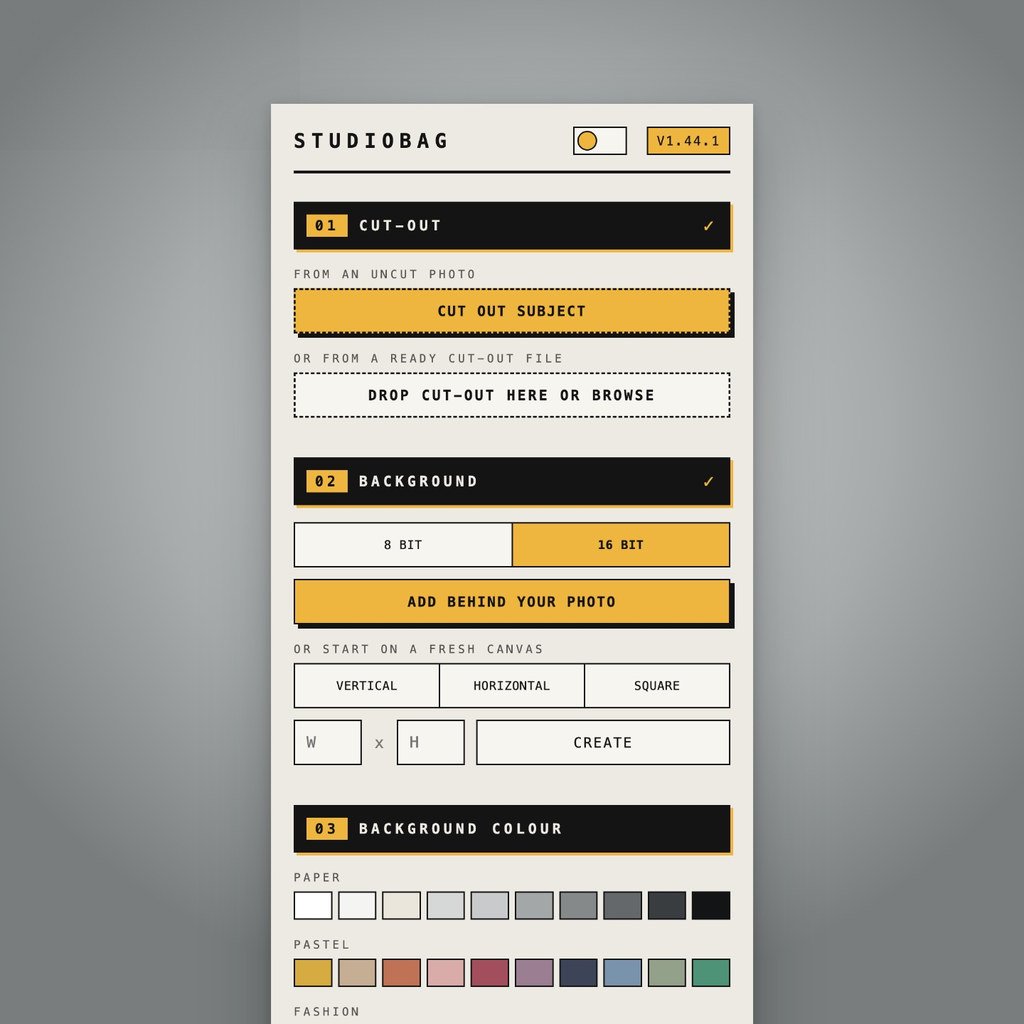 The STUDIOBAG panel inside Photoshop: Cut out subject, Add behind your photo, and the background colour swatches